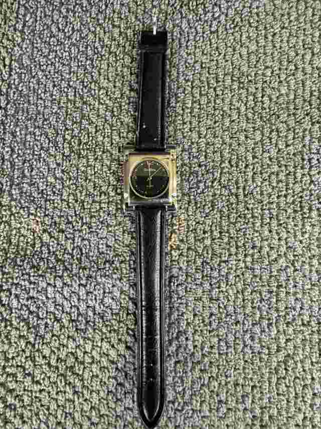 Vintage Fred Baley  women's watch sliver tone black dial black leather band