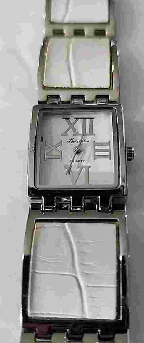 Lexington Ladies Fashion WristWatch 80s Style Square Faux White Leather & Silver