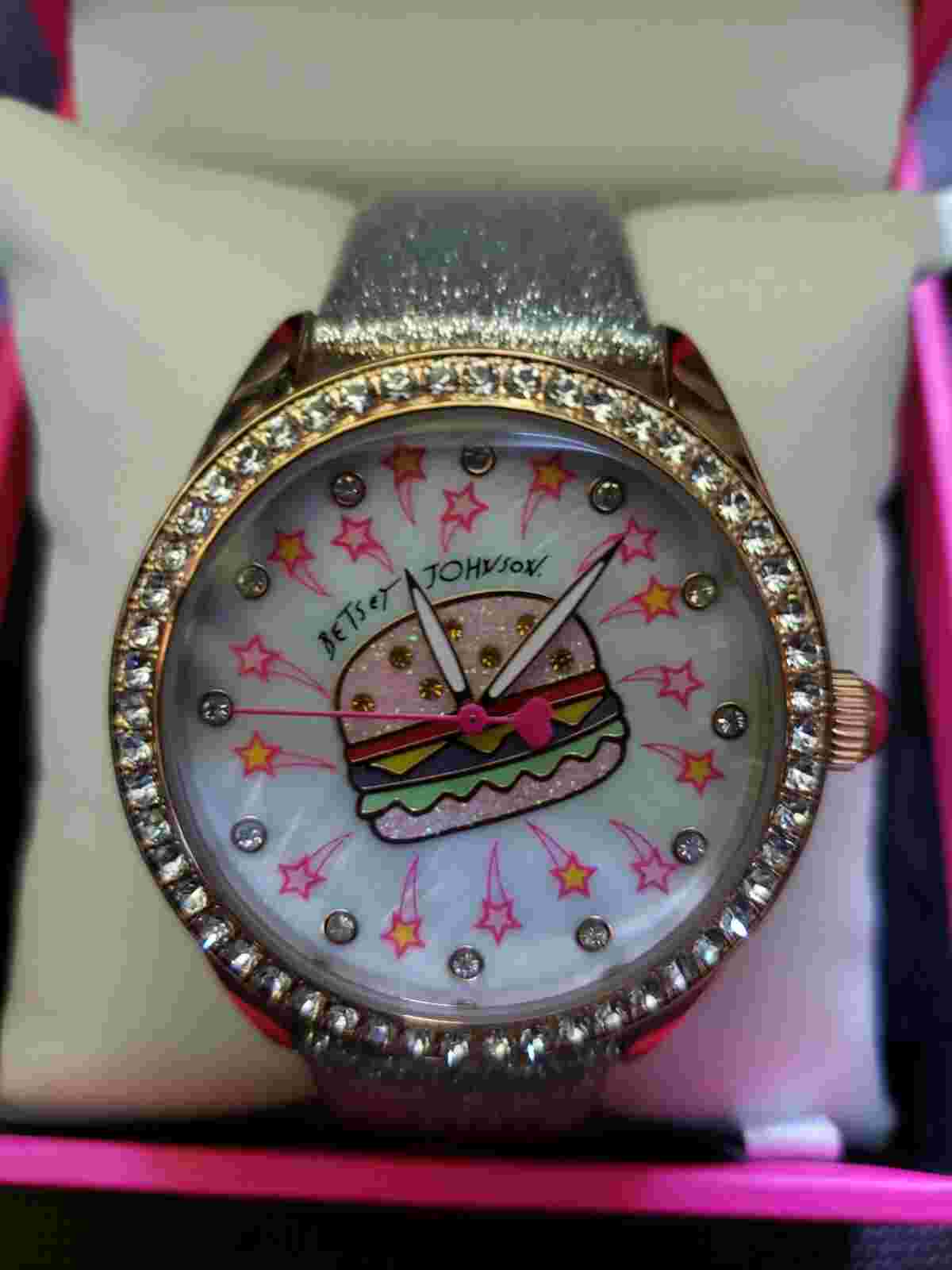 BETSEY JOHNSON "HAMBURGER"  ROSE GOLD/SILVER STRAP WATCH