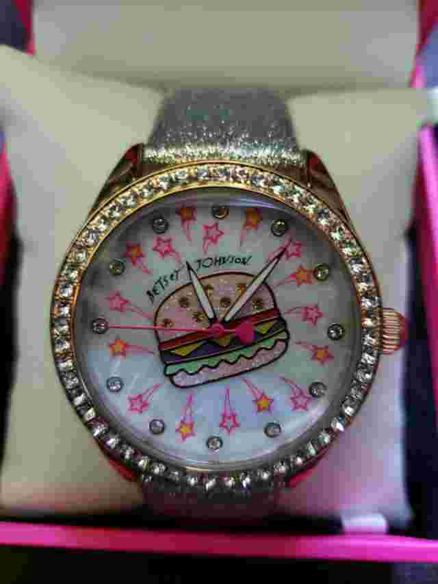 BETSEY JOHNSON "HAMBURGER"  ROSE GOLD/SILVER STRAP WATCH