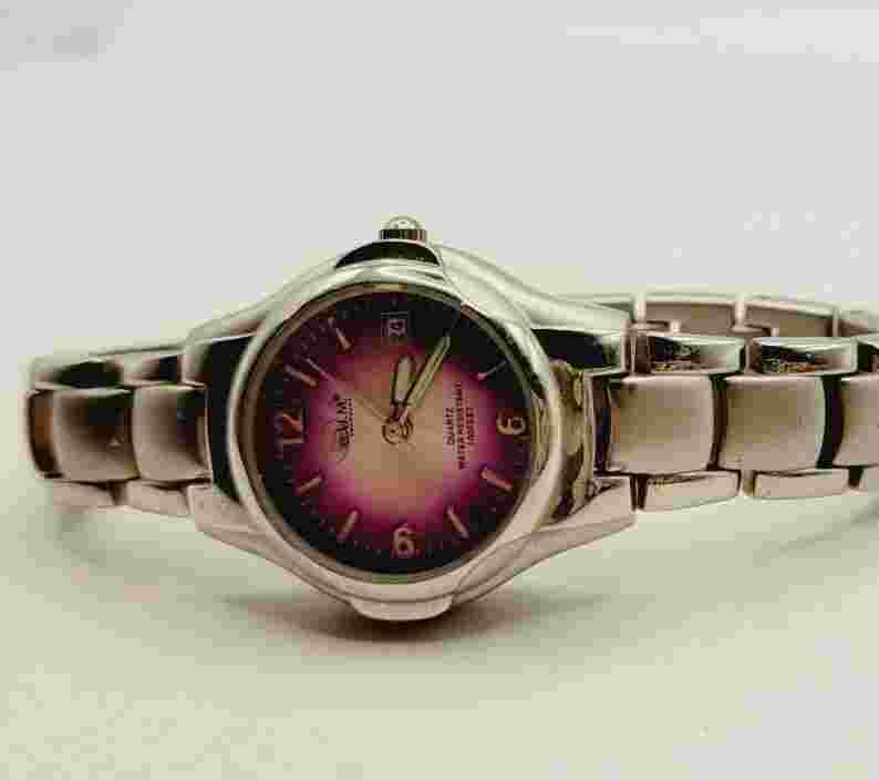 Ladies BUM Equipment Round Stainless Silver Tone Purple Dial Analog Watch