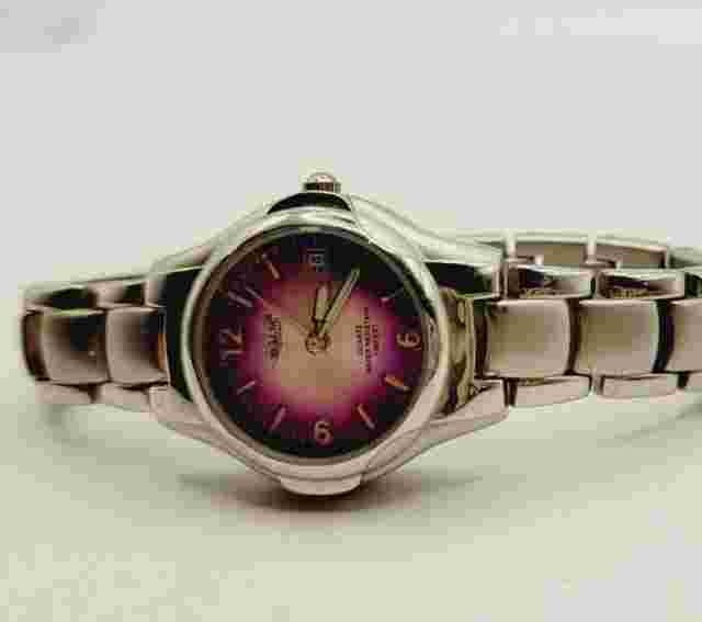 Ladies BUM Equipment Round Stainless Silver Tone Purple Dial Analog Watch
