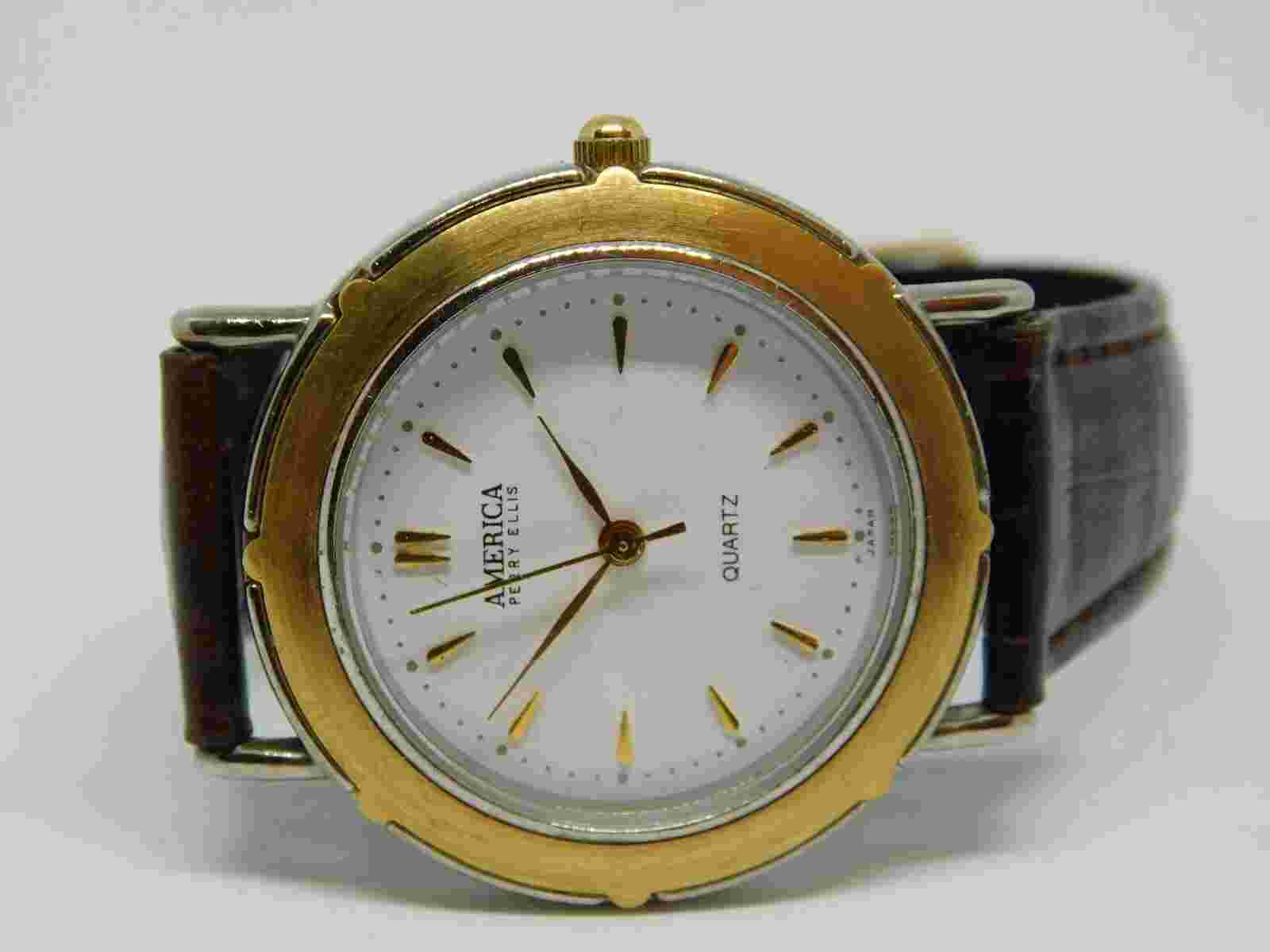 America Perry Ellis APE1298 Genuine Leather Quartz Women's Watch New Battery