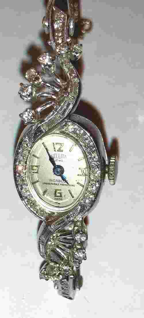 Anique Art Deco Sellita Incabloc 14k White Gold 40 Diamonds Ladies 17j Watch Run