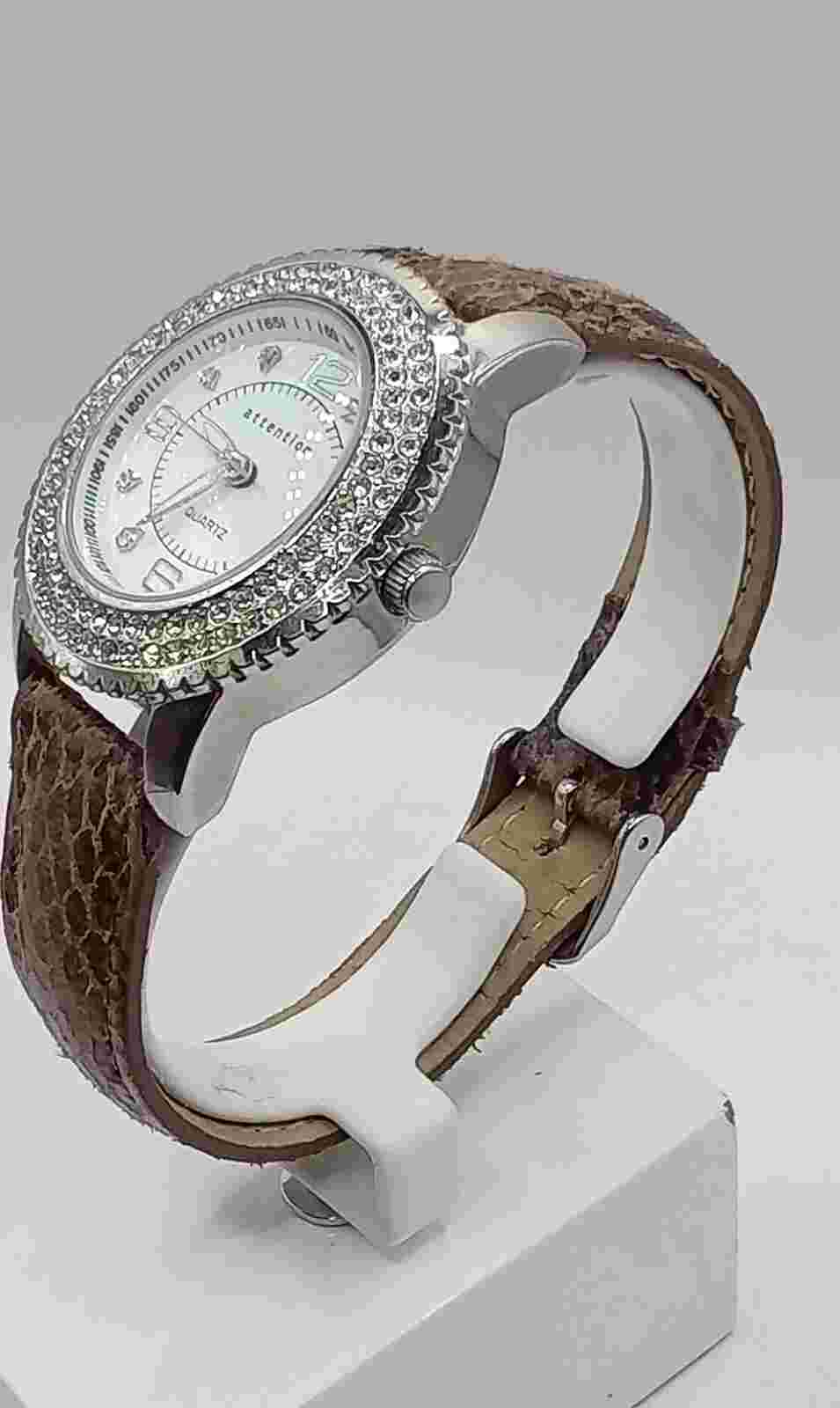 Attention Women's Quartz Watch Rhinestone Bezel Brown Band- New Battery