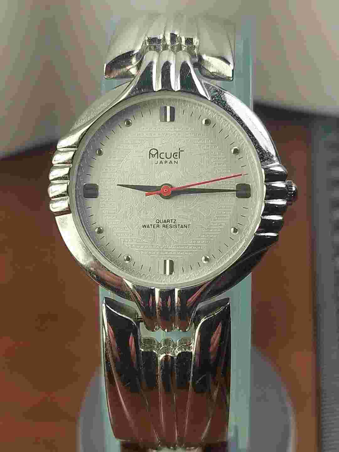 Ladies Acuet Silver Tone Quartz Analog Watch WR Vine Like Dial Clasp Strap Snap