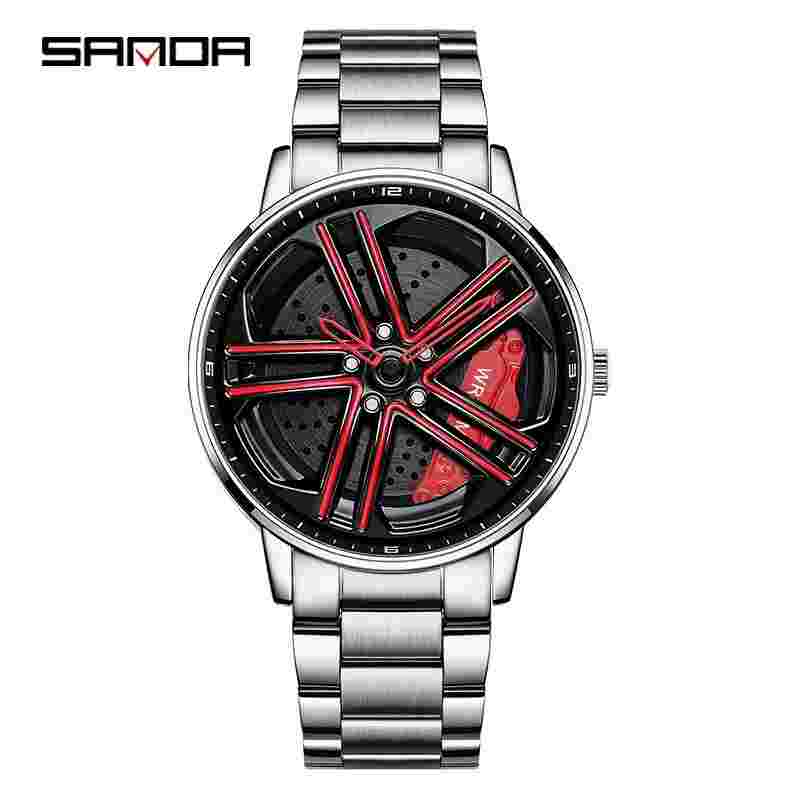 SANDA Car Rim Wheel Rotating Dial Mens Quartz Stainless Wateproof Luminous Watch