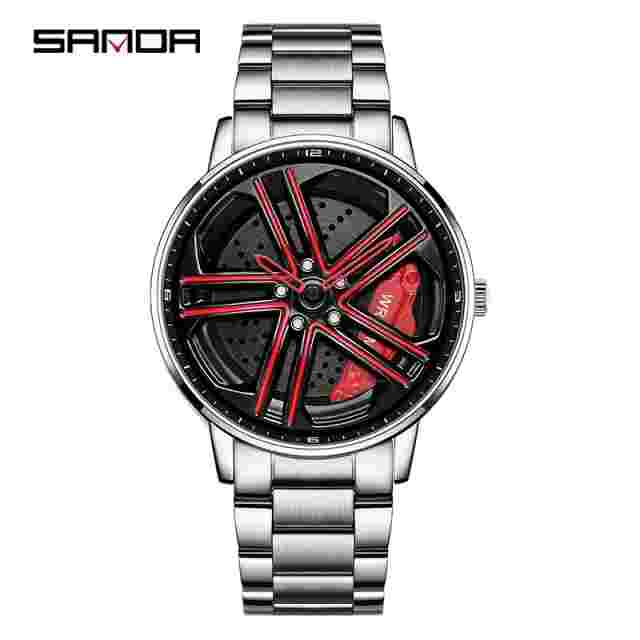 SANDA Car Rim Wheel Rotating Dial Mens Quartz Stainless Wateproof Luminous Watch