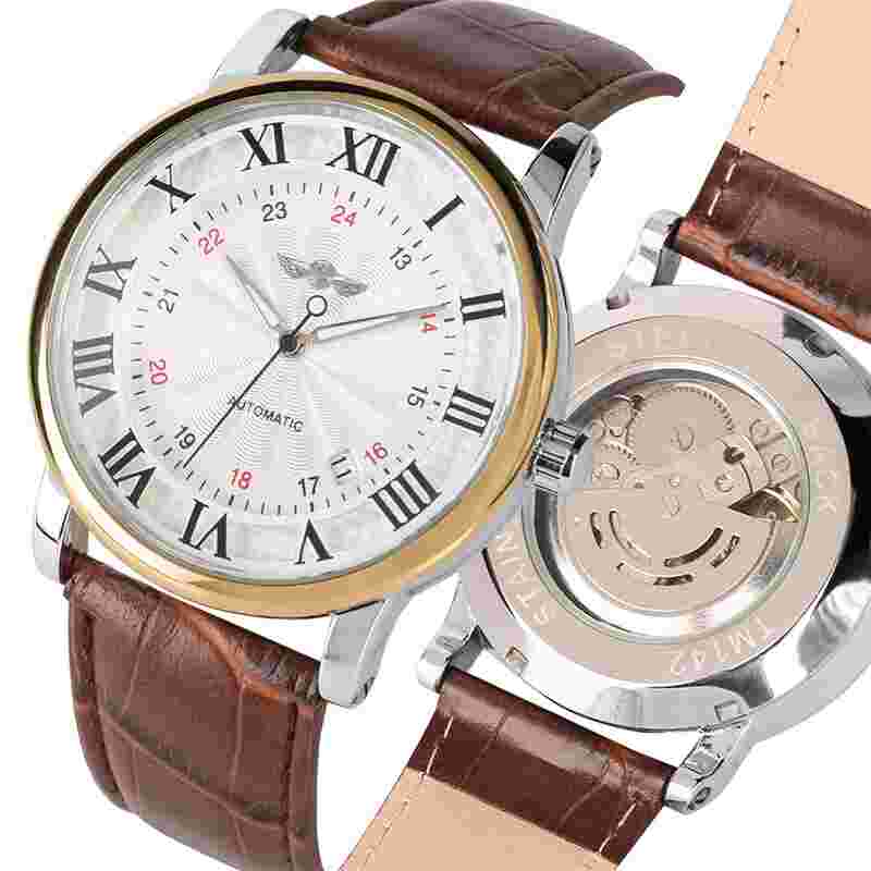 WINNER Luxury Men's Automatic Watch Roman Numerals Dial Brown Leather Wristwatch
