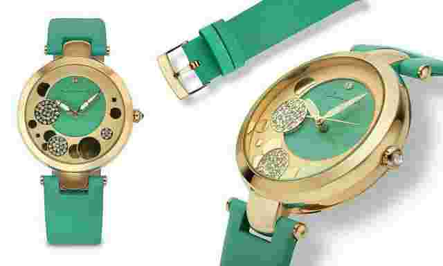 NEW Jeanneret 1431-GNYG Women's Austen Austrian Crystal Green Leather Gold Watch