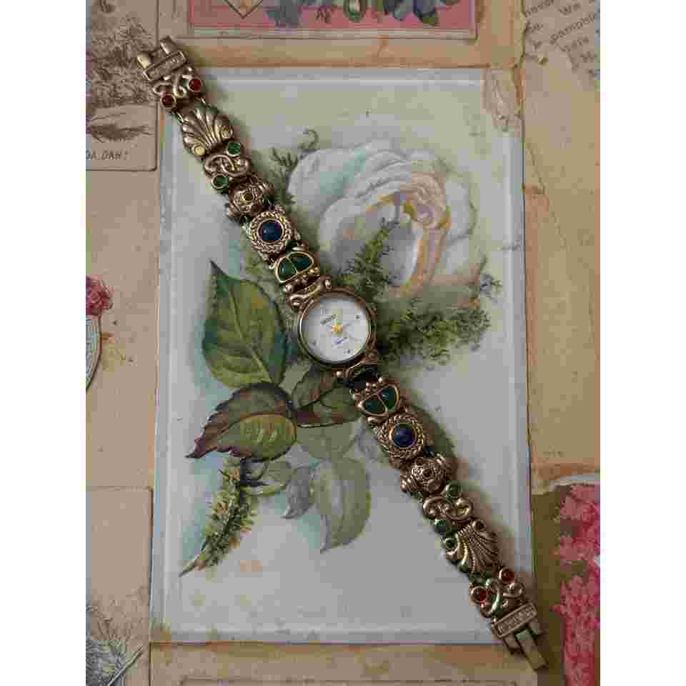 monet gold tone gemstone egyptian charm bracelet watch working new battery as is