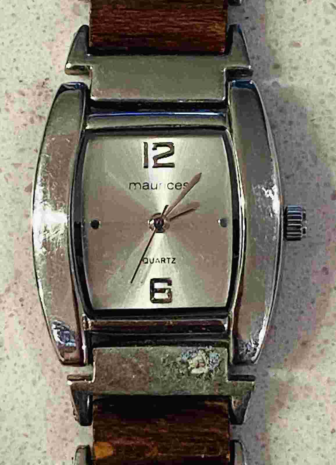 Maurices Modernist Styled Women's Silver Tone Quartz Watch Wood Accents