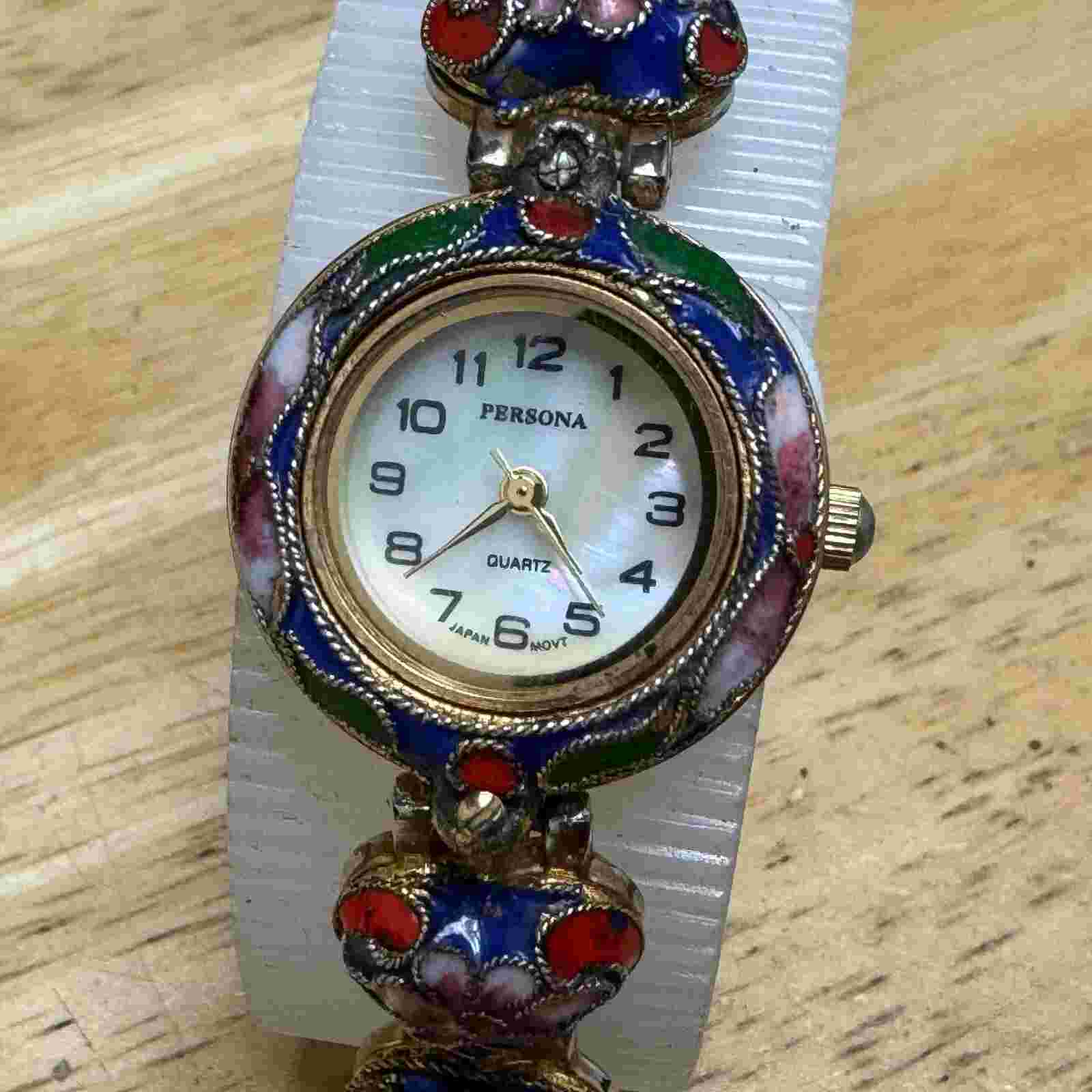 VTG Persona Quartz Watch Women Gold Tone Enamel Band Bezel Analog New Battery