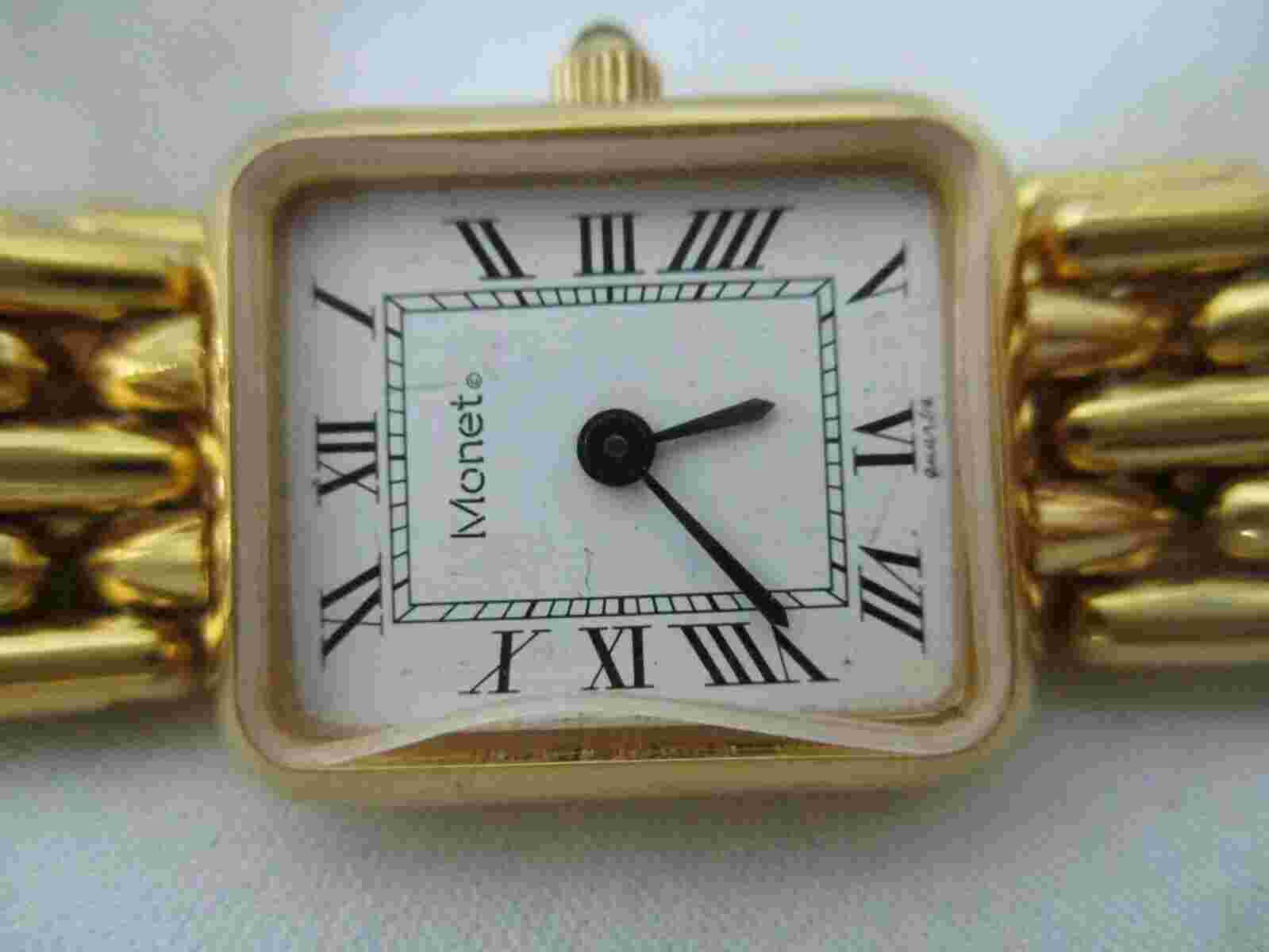 Monet Watch Gold Toned Link Band White Rectangle Face Roman Numerals