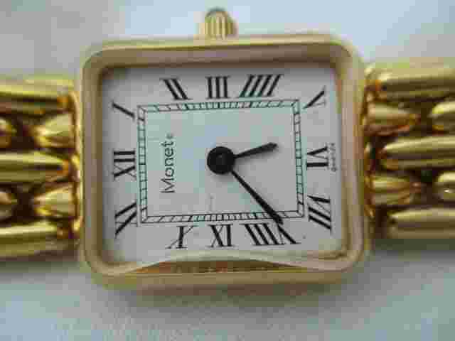 Monet Watch Gold Toned Link Band White Rectangle Face Roman Numerals