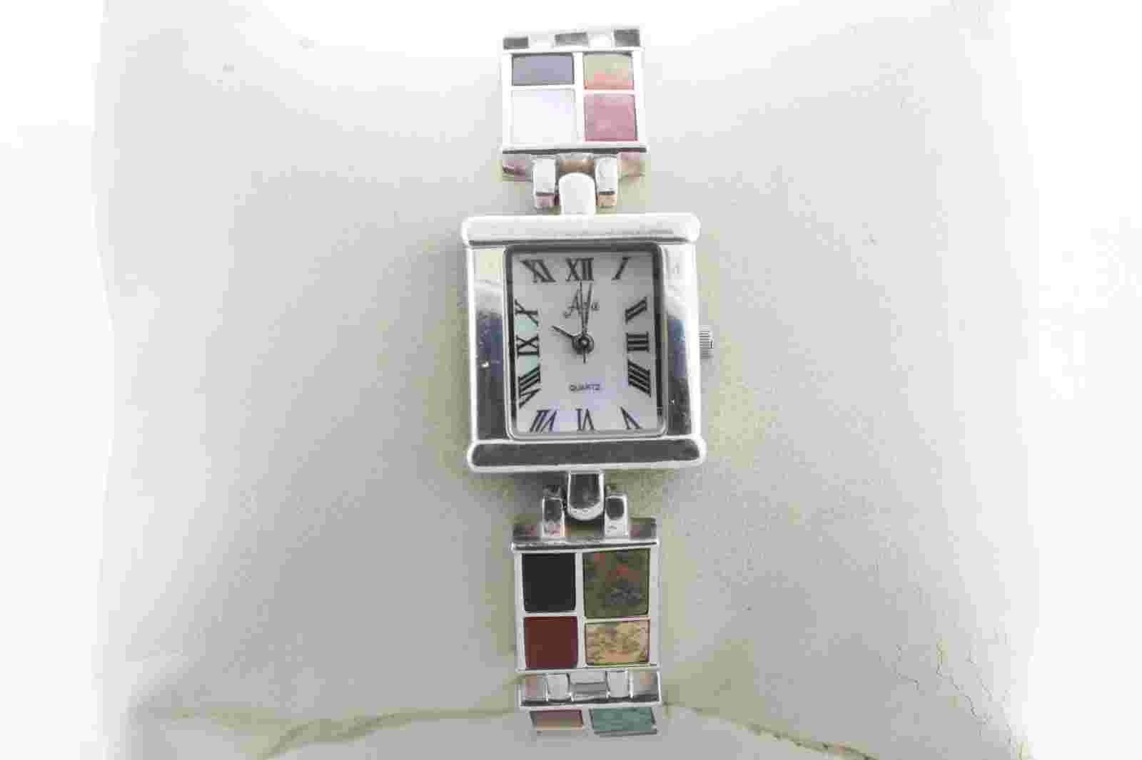 Vintage Sterling Silver Aria Ladies Watch with Semi Precious Stones Band - Links