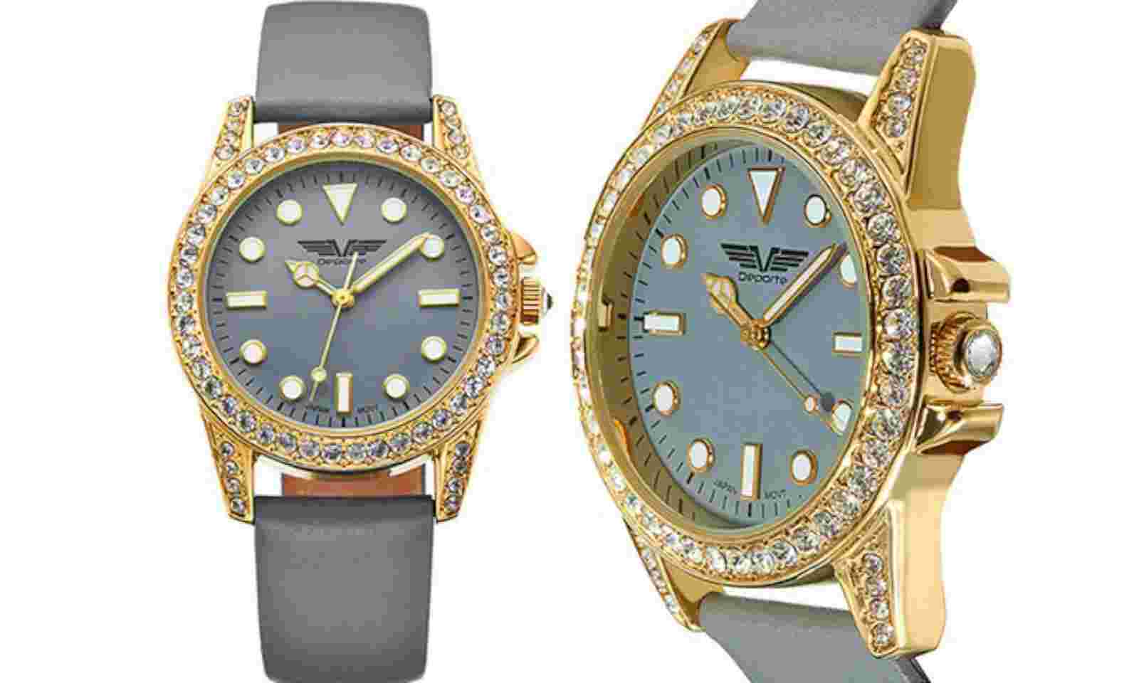 NEW Deporte 9846 Women's Adria Gray Leather Strap Watch w/ Crystals Gold Bezel