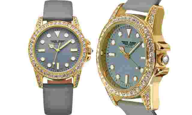 NEW Deporte 9846 Women's Adria Gray Leather Strap Watch w/ Crystals Gold Bezel