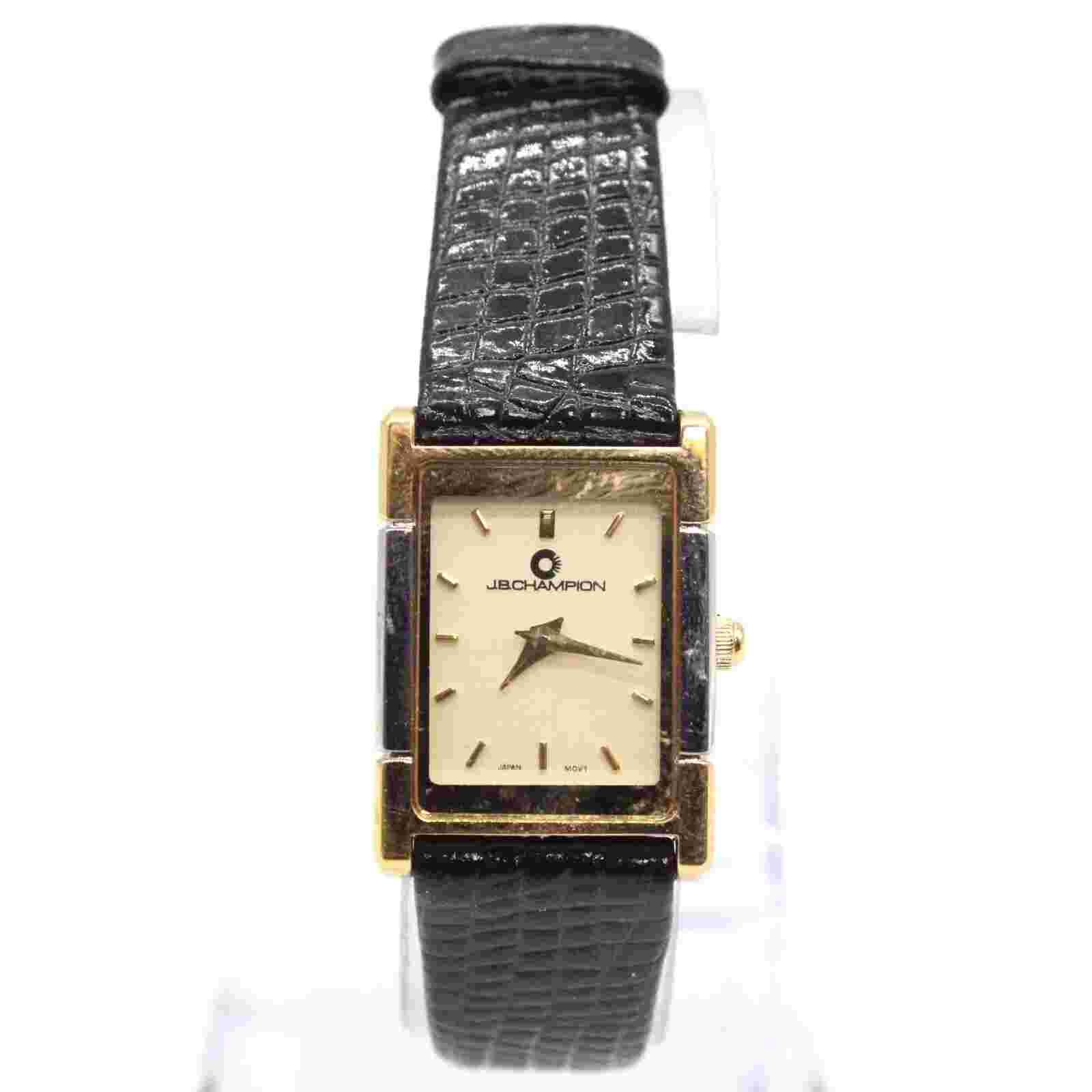 J.B Champion Watch Womens Gold Tone Stainless Steel Classic Black Leather Band