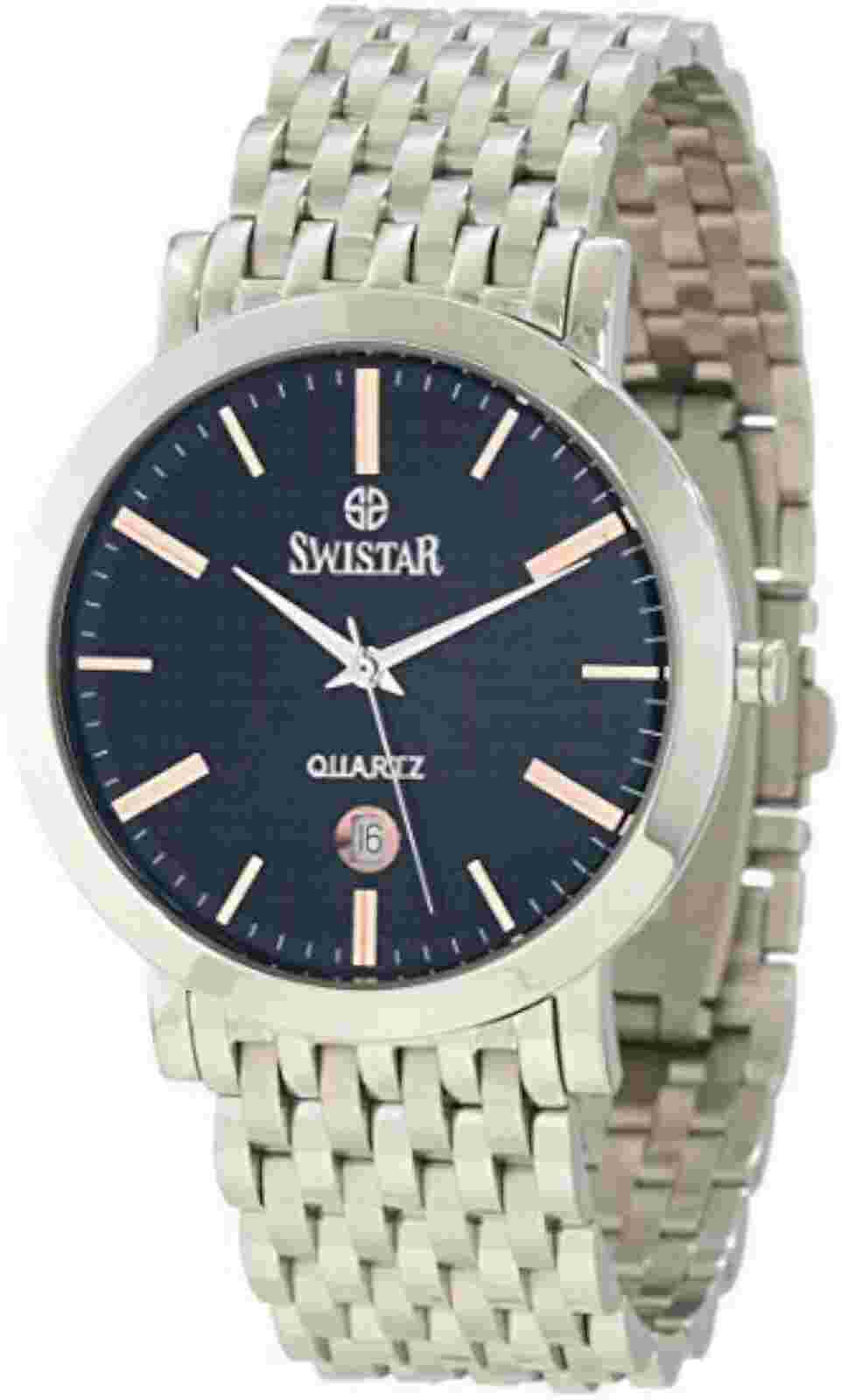 Swistar 417-15M-BK Mens Black Textured Dial RoseGold Accents Silver SS Watch