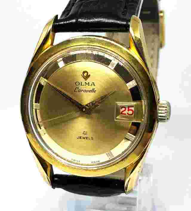 OLMA Caravelle Automatic Watch. 35mm Case. Gold Dial. Date. 41 Jewels. Men`s.