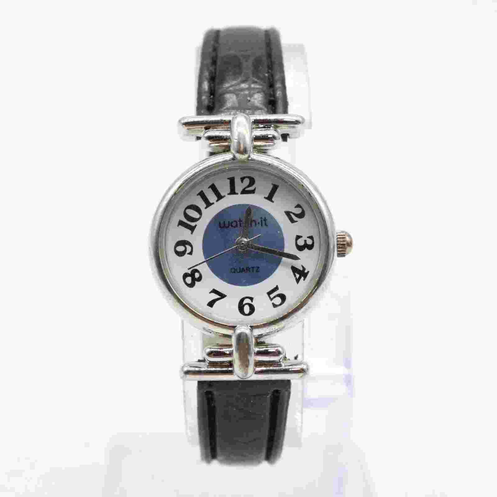 Vintage Watch It Watch Womens Silver Tone Steel Classic Round Black Leather Band