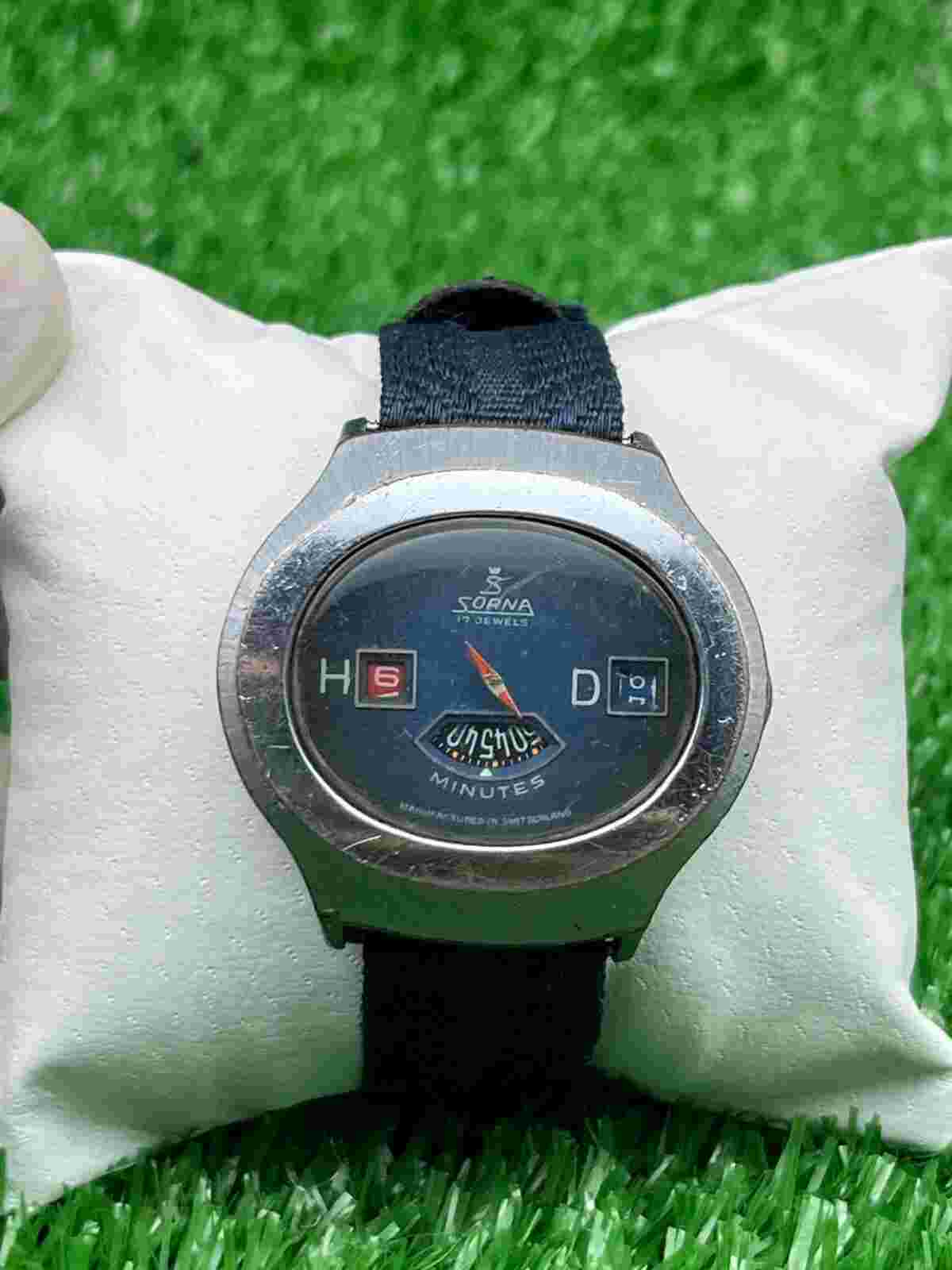 Rare Vintage SORNA Space Age Digital Jump Hour Automatic Watch Blue Dial 70s