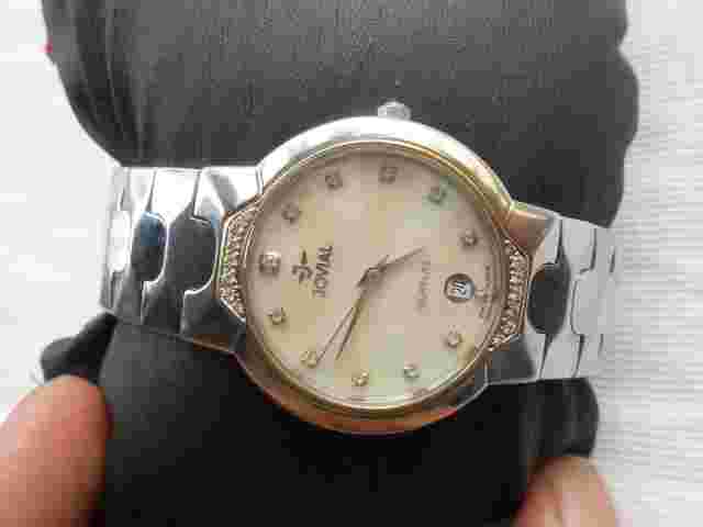RARE VTG SS SWISS MOTHER OF PEARL DIAMOND DIAL JOVIAL UNISEX QUARTZ WRISTWATCH
