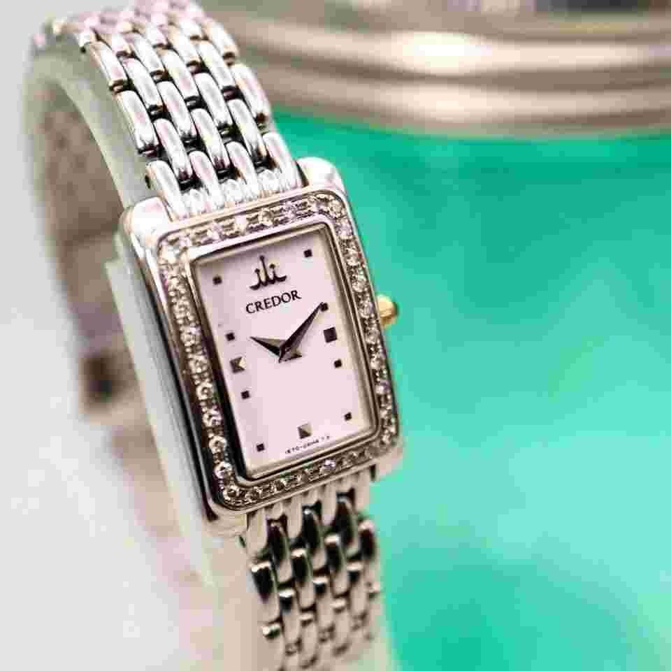 Credor Seiko Diamond Bezel Square Watch Model 594 - Authentic Timepiece