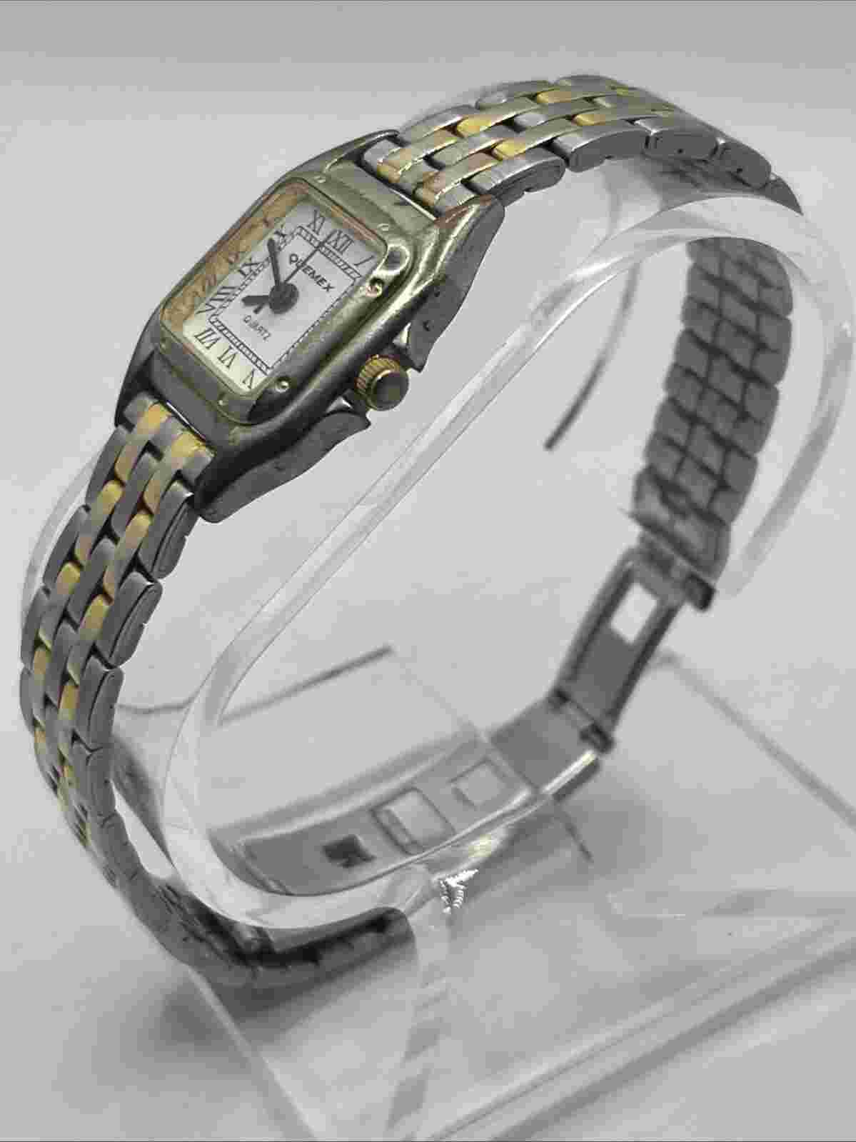Vintage Quemex Women's Two Tone Quartz Watch 6.75" Band 23mm Case- New Battery