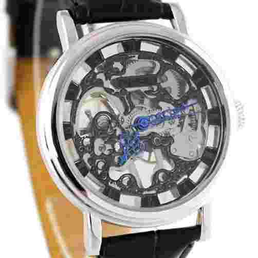 Luxury Silver Steampunk Heirloom Mechanical Wind-up Skeleton Black Leather Watch