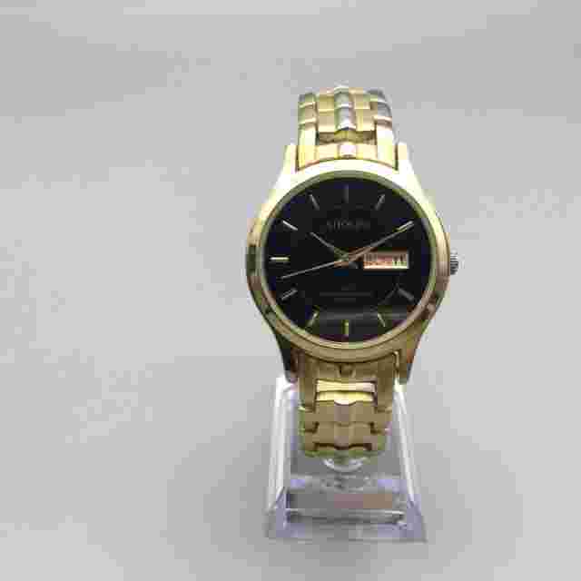 Vtg Adolfo Watch Men 37mm Gold Tone Black Dial Day Date New Battery 7.25"