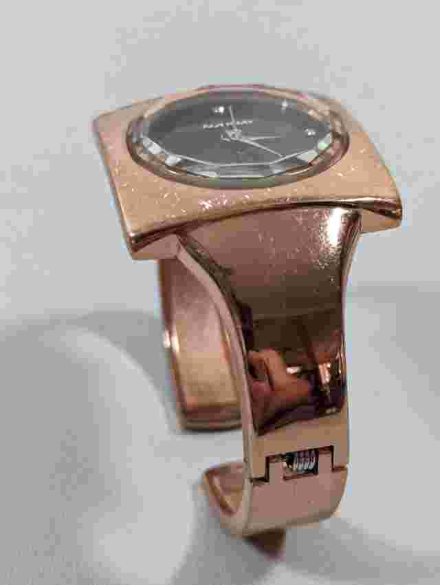 Narmi Brown Dial Square Gold Tone Case Hinge Open Cuff Bangle Band Watch
