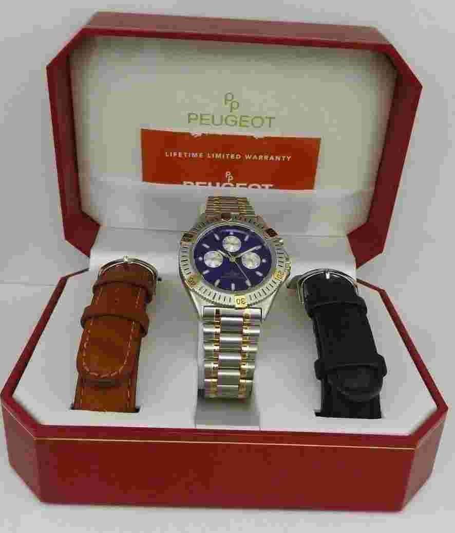 Peugeot Men's 682 Multifunction Interchangeable Leather Strap Watch Gift Set
