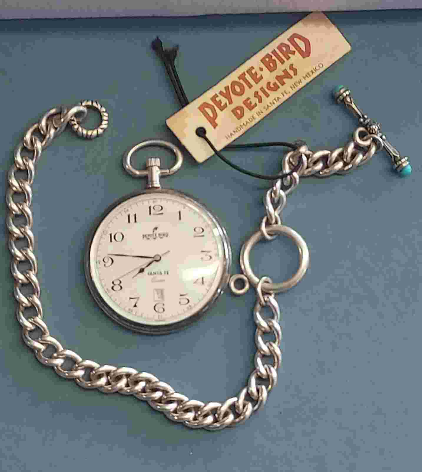 Vtg NOS Sterling Silver Peyote Bird Designs  Pocket Watch Chain Turquoise W/tag