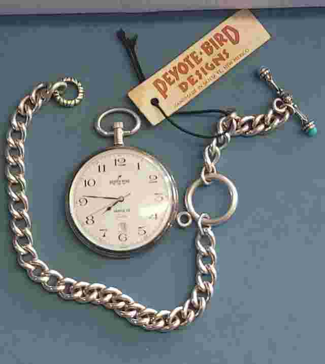 Vtg NOS Sterling Silver Peyote Bird Designs  Pocket Watch Chain Turquoise W/tag