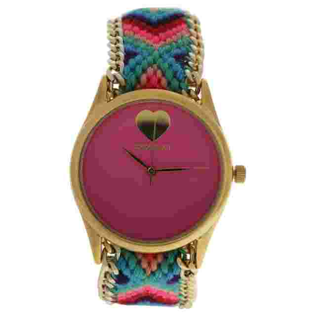 MSHHIPC Hindi Heart - Gold/Pink Nylon Strap Watch by Manoush for Women - 1 Pc