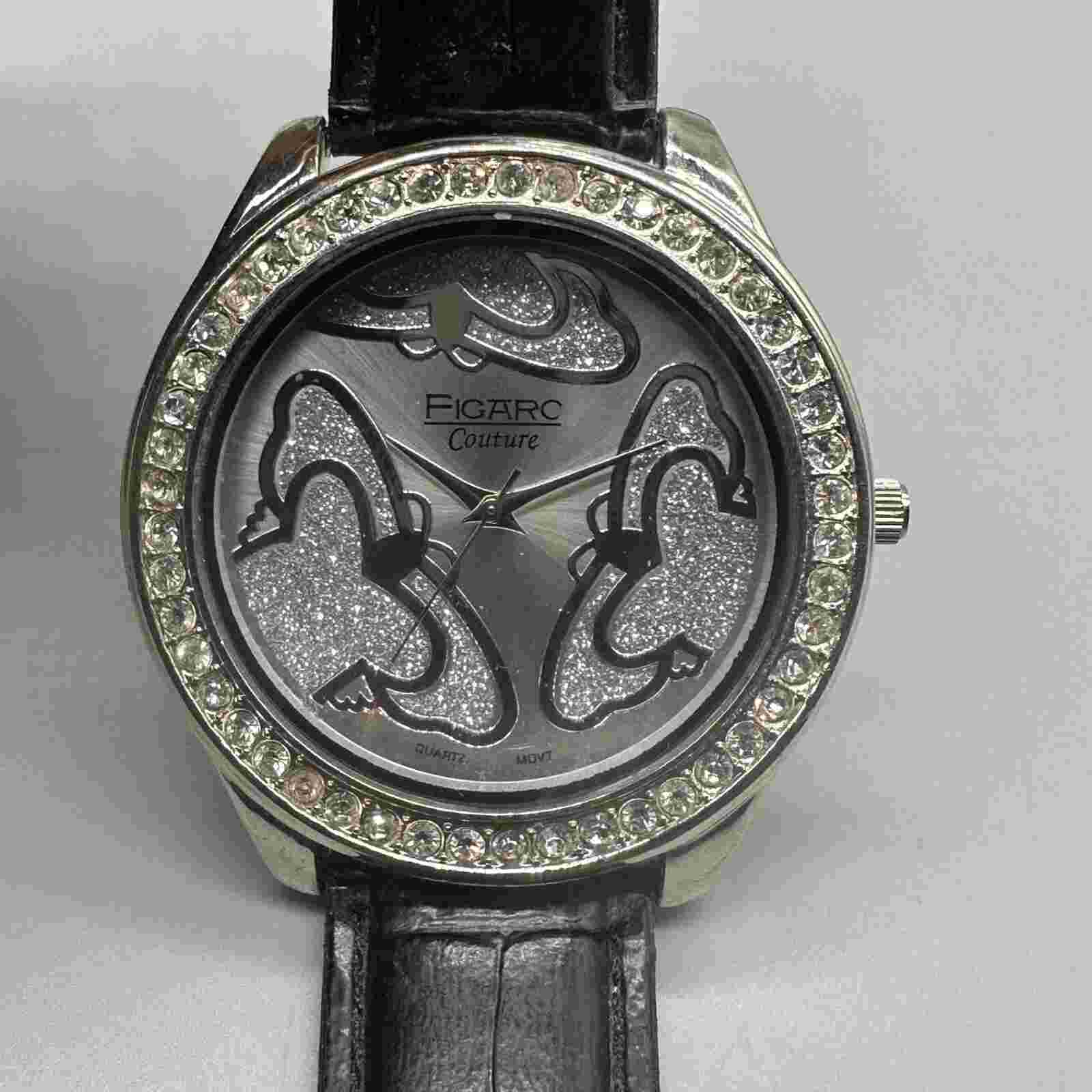 Figaro Couture Watch Women Silver Tone Butterfly Dial Black Band New Battery 9"