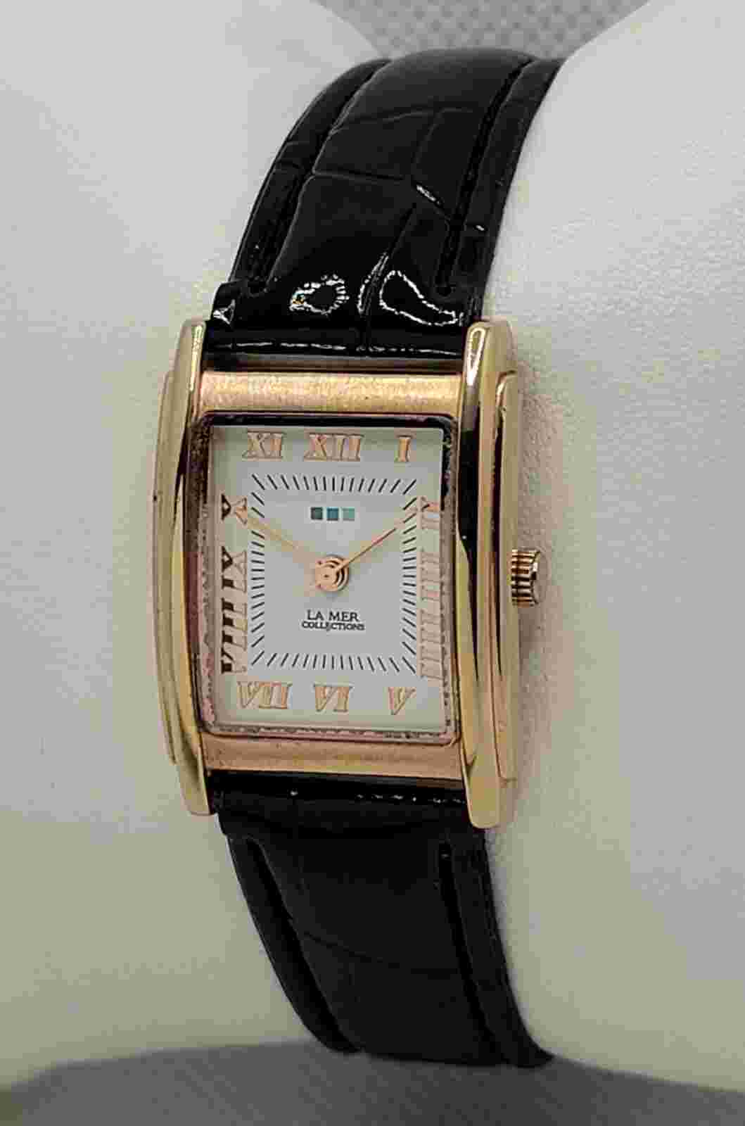 Ladies La Mer Collections by Martine Ilana  Gold Tone Black Leather Watch J3