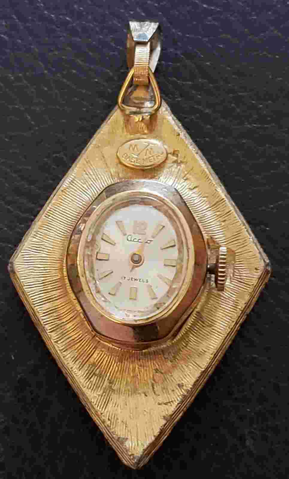 Vintage Accro Gold Tone 17 Jeweled Watch Pendant w/ Portrait, Needs Repair