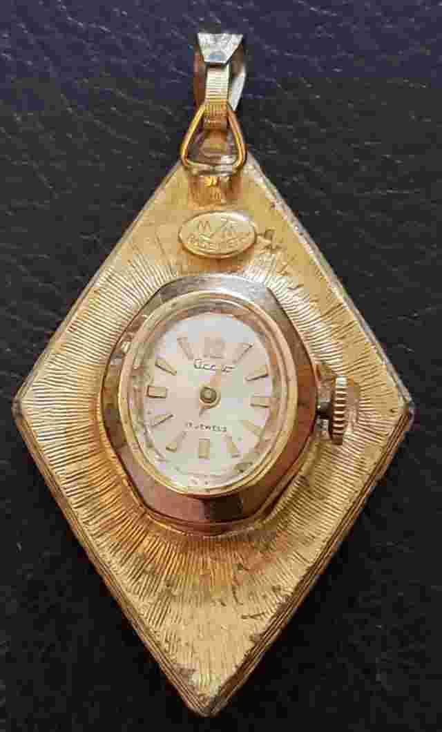 Vintage Accro Gold Tone 17 Jeweled Watch Pendant w/ Portrait, Needs Repair