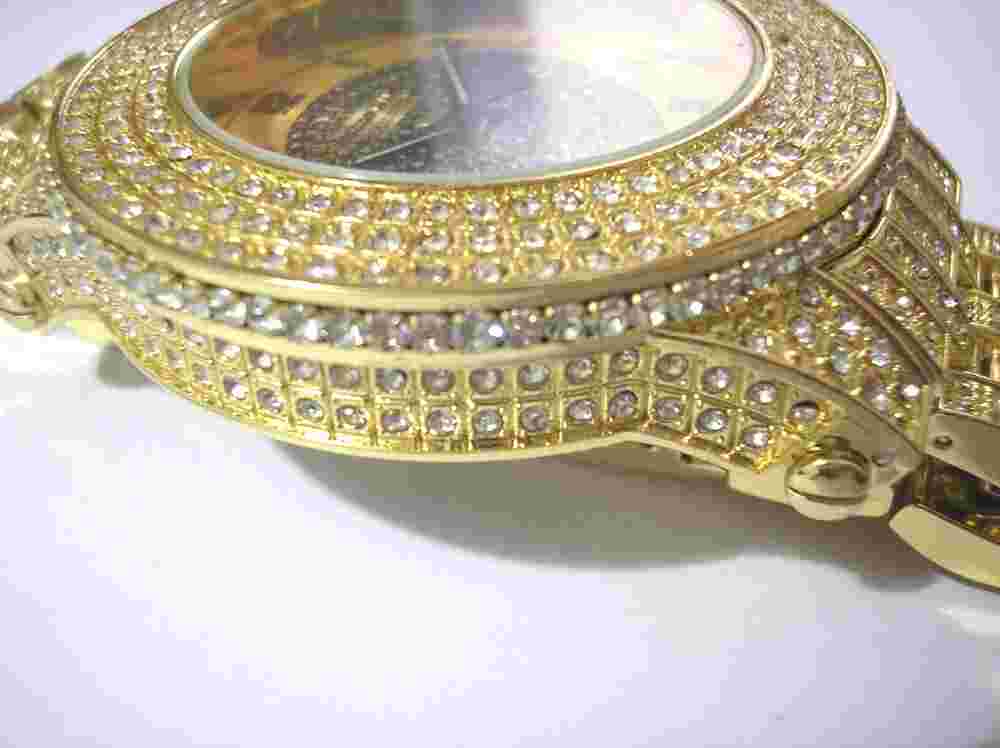 Gold Tone Metal Big Case & Band Techno King Men's Watch w Crystals Item 2506