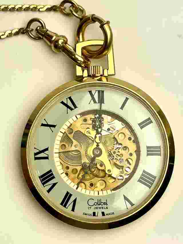 Colibri 17 Jewel Swiss Made 12K Gold Filled Skeleton Pocket Watch With Chain