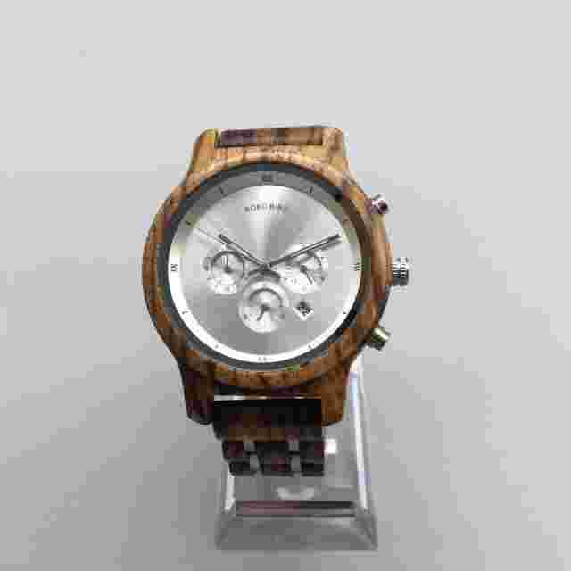 Bobo Bird Chronograph Wooden Watch Men 41mm Silver Tone Date New Battery 6.25"