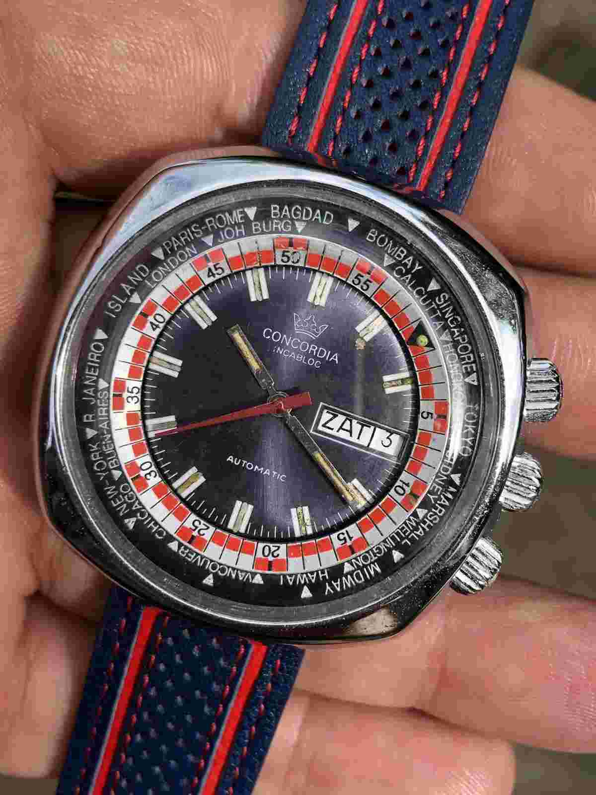 Vintage Concordia Triple Crown World Timer Mens Watch Automatic FE 5611 43,5mm