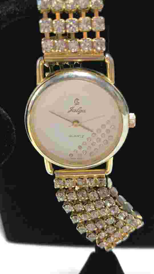 Women’s Jalga Gold Tone Quartz Watch Crystals in Face 5 Row Rhinestone Band