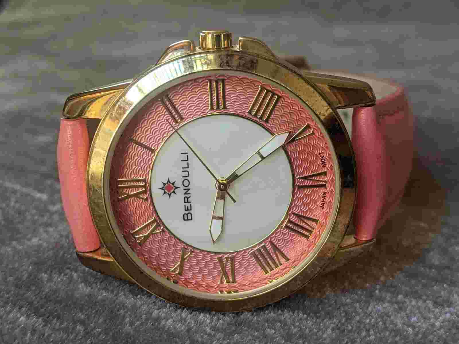 Bernoulli 9843 Gold Tone Women's Watch Pink Leather Bands