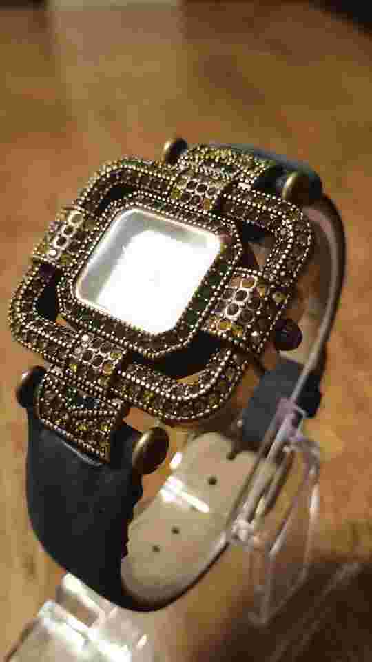 HTF Heidi Daus Multi-Color Swarovski Crystal Watch Blue Suede Art Deco STUNNING!