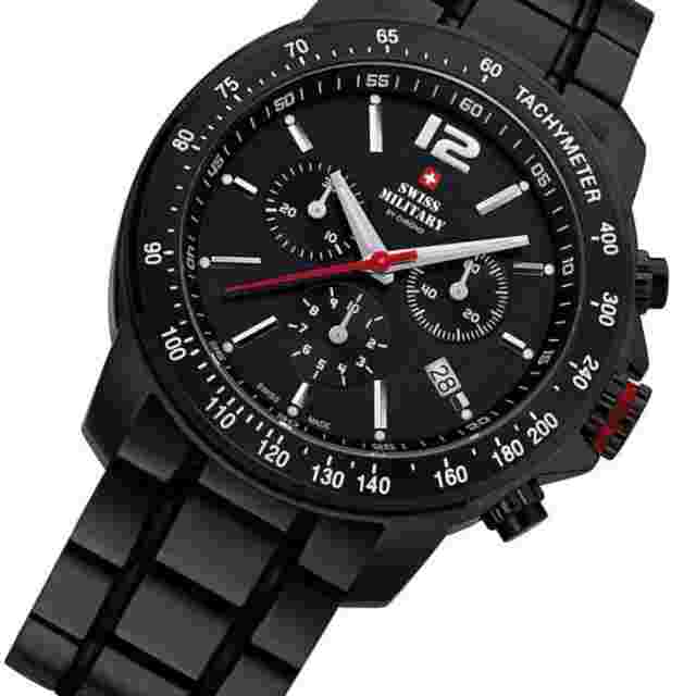 SWISS MILITARY SM34033.03 Army-Style Black Leather Strap Chronograph Watch