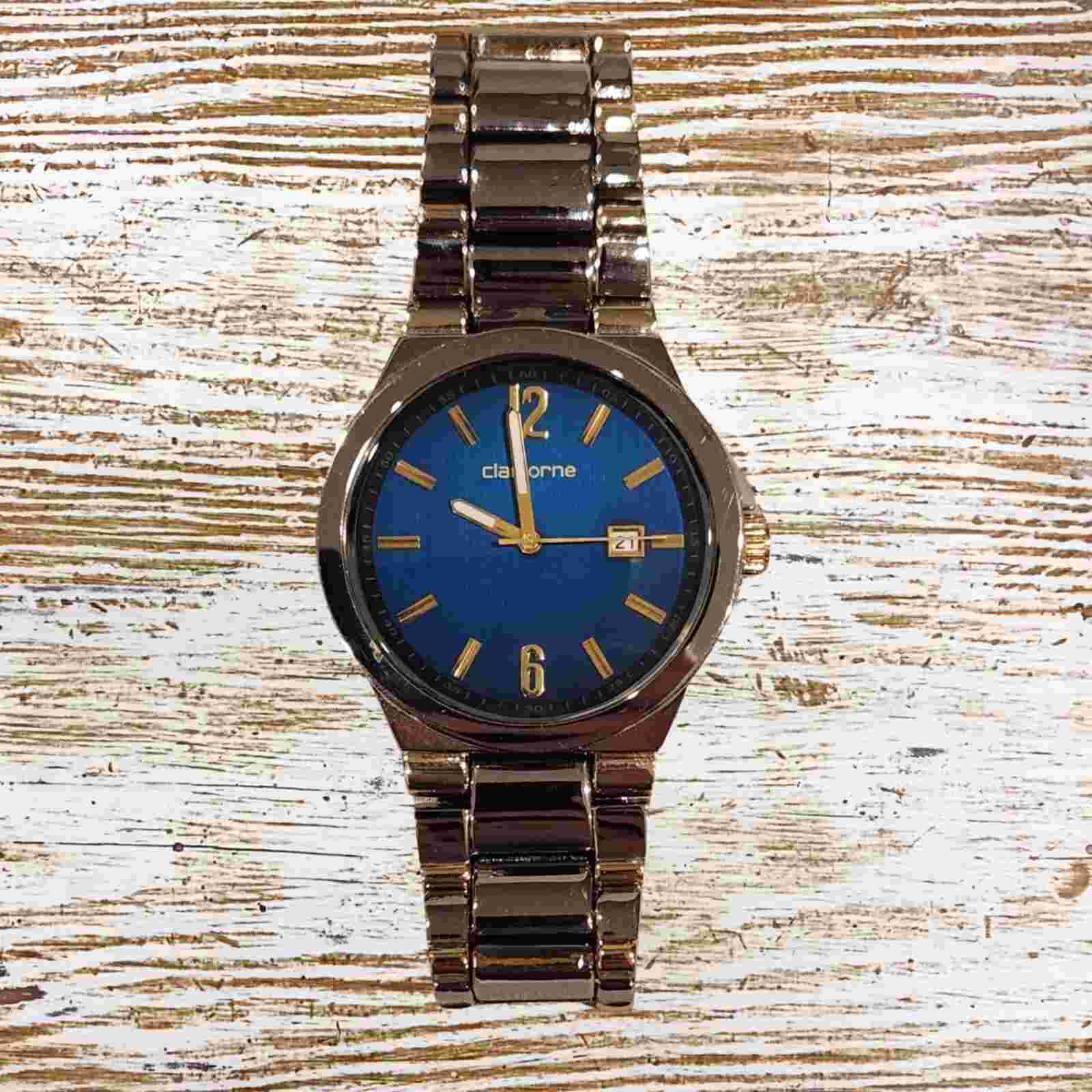 CLAIBORNE Men's Two-tone Case/Band, Blue Dial Date Window *New Battery*